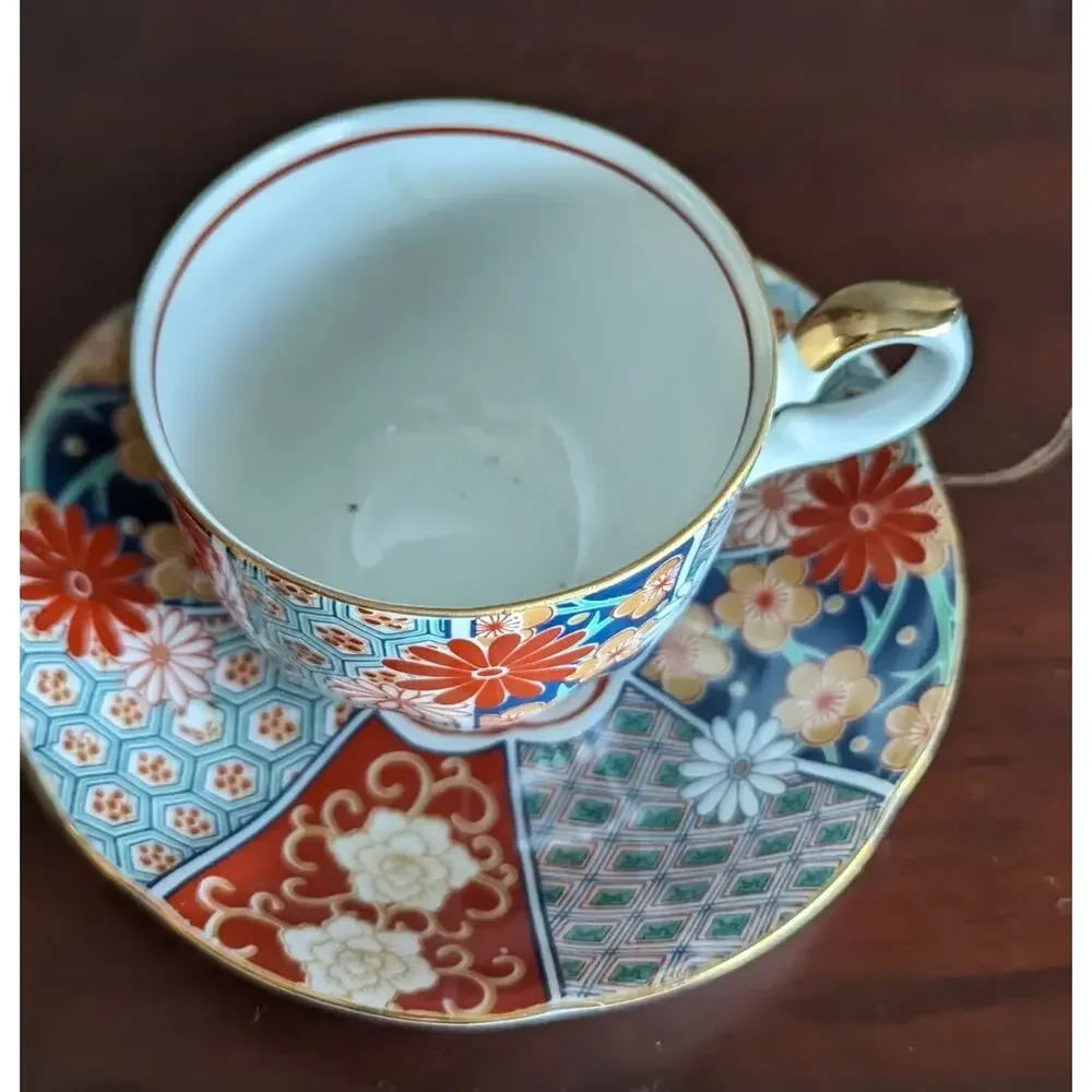 Vtg Arita Imari Teacup Saucer Set Japan Porcelain Fan Shape Kutani